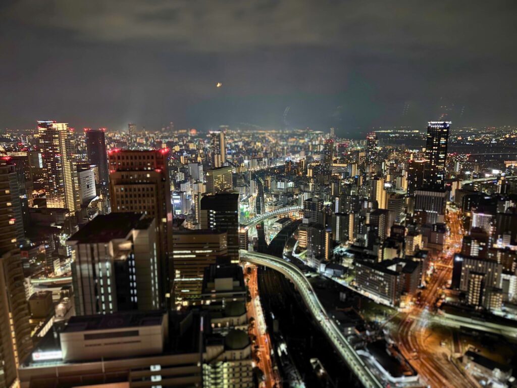 客室からの別方向の夜景。高層ビルと街明かりが広がる。