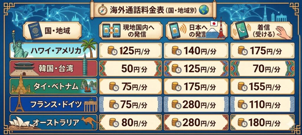 ahamoの海外通話料金表を国・地域別にまとめた図解画像