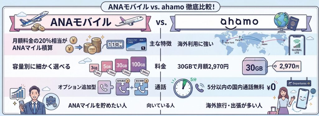ANAモバイルとahamoの違いを比較した図解。料金、特徴、通話、向いている人を一覧で整理した比較表