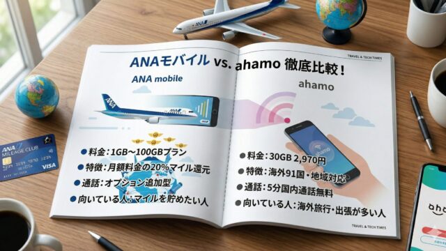 ANAモバイルとahamoの料金・マイル還元・海外利用を比較した解説イメージ