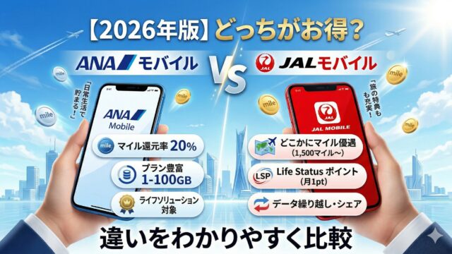 ANAモバイルとJALモバイルを2026年版で比較したアイキャッチ画像。ANAは20％マイル還元・1GB〜100GB・ライフソリューション対象、JALはどこかにマイル優遇・Life Statusポイント・データ繰り越しとシェアを紹介