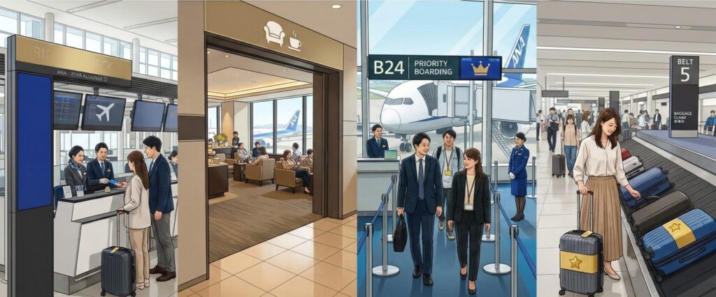 ANA上級会員の空港特典を紹介するイラスト。優先チェックイン、ラウンジ利用、優先搭乗、手荷物優先受け取りの流れを描いた画像