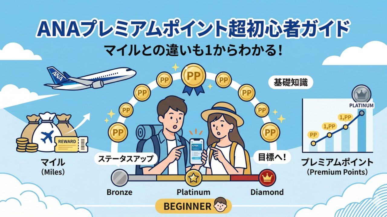 ANAプレミアムポイントの初心者向け解説アイキャッチ画像。マイルとの違いとステータスアップの流れをイラストで紹介