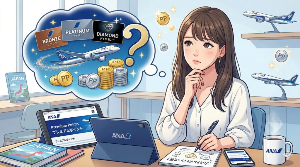 ANAプレミアムポイントの仕組みに悩む初心者を描いたイラスト。ステータスとPPのイメージ付き