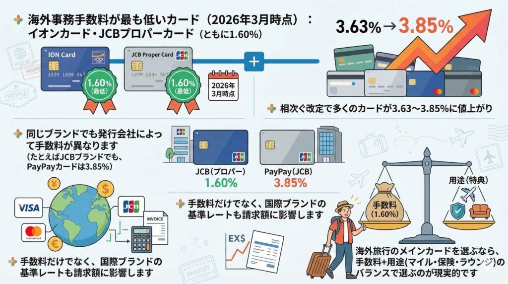 2026年3月時点のクレジットカード海外事務手数料の要点をまとめた図解
