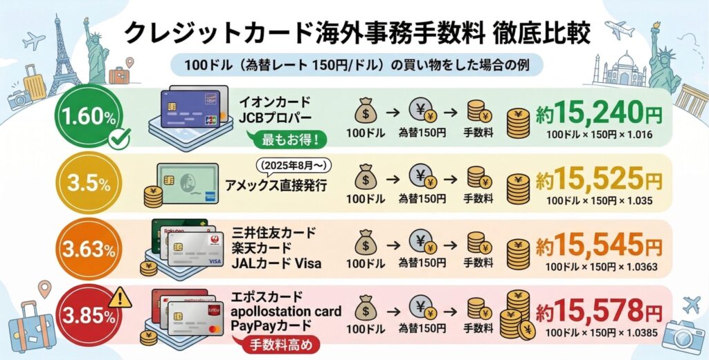 クレジットカードの海外事務手数料を比較し100ドル利用時の請求額差をまとめた図解
