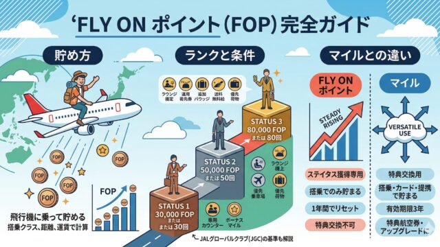 JAL Fly On ポイント（FOP）の仕組みを初心者向けに解説するアイキャッチ画像