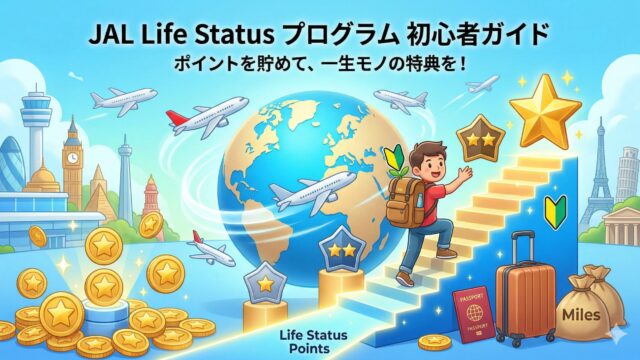 JAL Life Statusの初心者向けガイドを説明したアイキャッチ画像。貯め方・特典・仕組みをイラストで表現