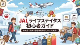 JAL Life Statusの初心者向けガイドを説明したアイキャッチ画像。貯め方・特典・仕組みをイラストで表現