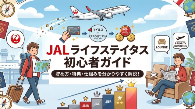 JAL Life Statusの初心者向けガイドを説明したアイキャッチ画像。貯め方・特典・仕組みをイラストで表現