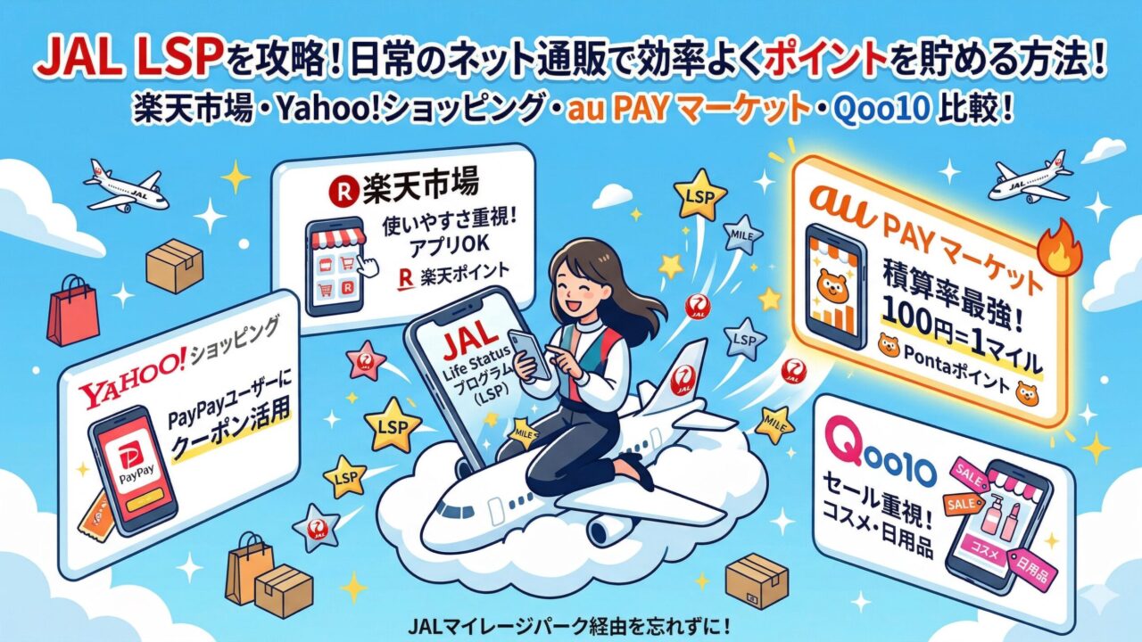 JALマイレージパークでLSPを貯める方法を解説するアイキャッチ画像。楽天市場、Yahoo!ショッピング、au PAY マーケット、Qoo10の比較を表現したイラスト