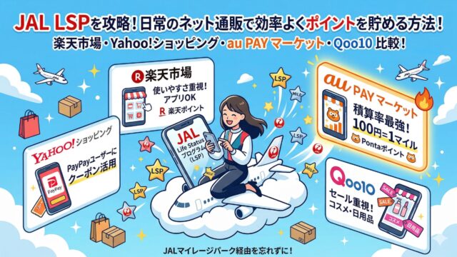 JALマイレージパークでLSPを貯める方法を解説するアイキャッチ画像。楽天市場、Yahoo!ショッピング、au PAY マーケット、Qoo10の比較を表現したイラスト