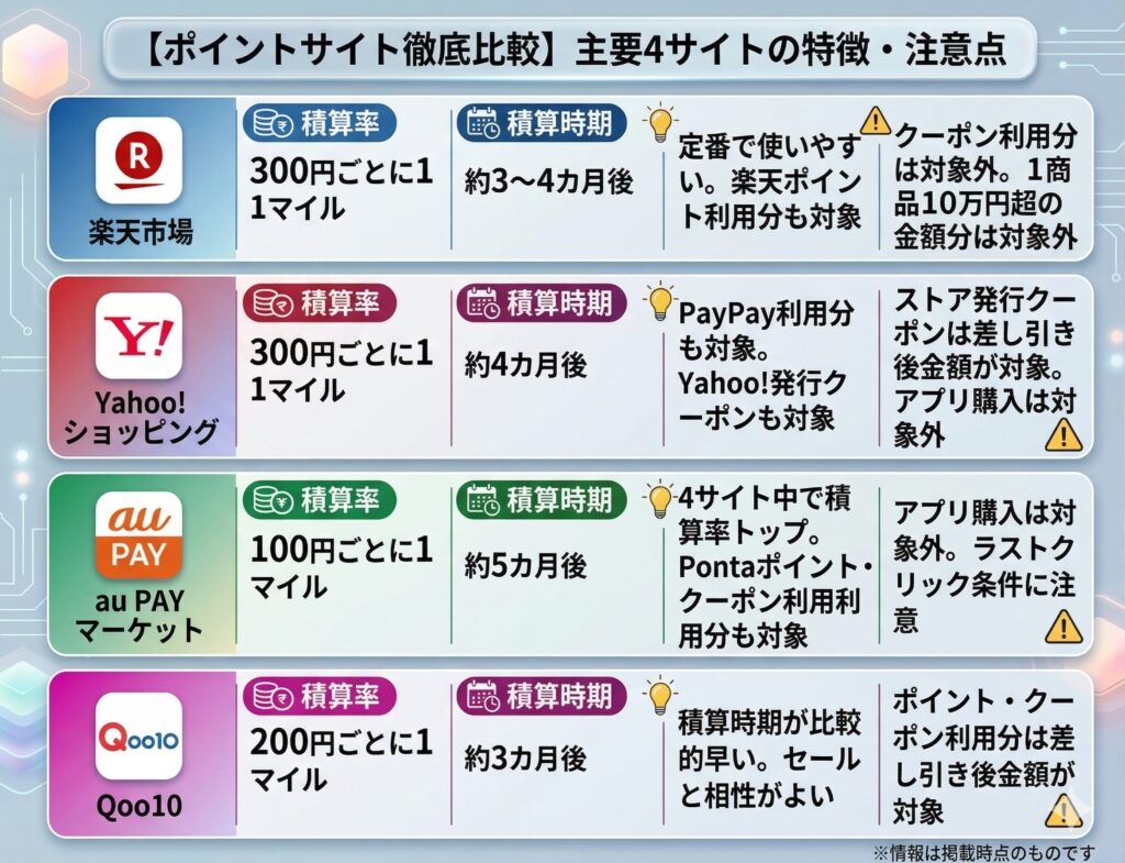 JALマイレージパークの主要4サイト比較。楽天市場、Yahoo!ショッピング、au PAY マーケット、Qoo10の積算率、積算時期、特徴、注意点をまとめた図解