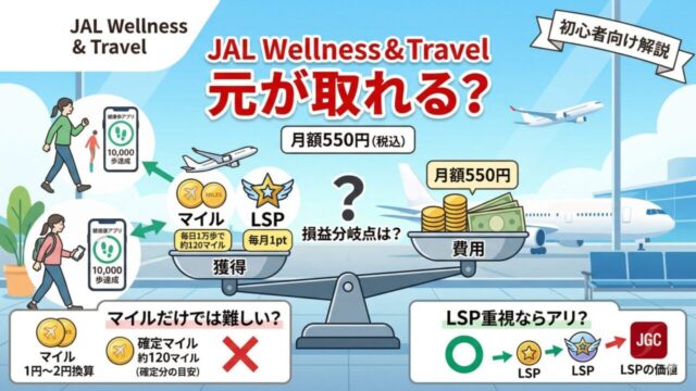 JAL Wellness & Travelは元が取れるのかを月額550円・マイル・LSPの観点から解説するアイキャッチ画像