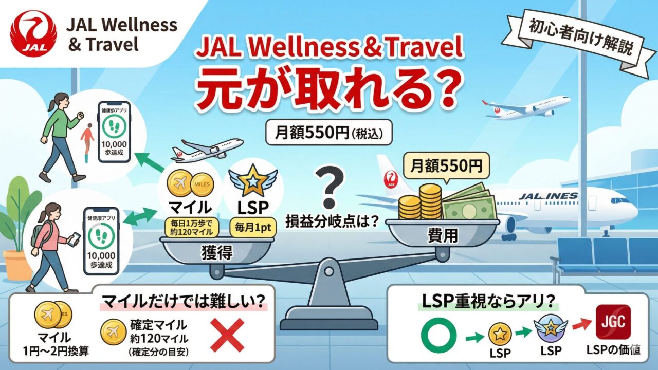 JAL Wellness & Travelは元が取れるのかを月額550円・マイル・LSPの観点から解説するアイキャッチ画像