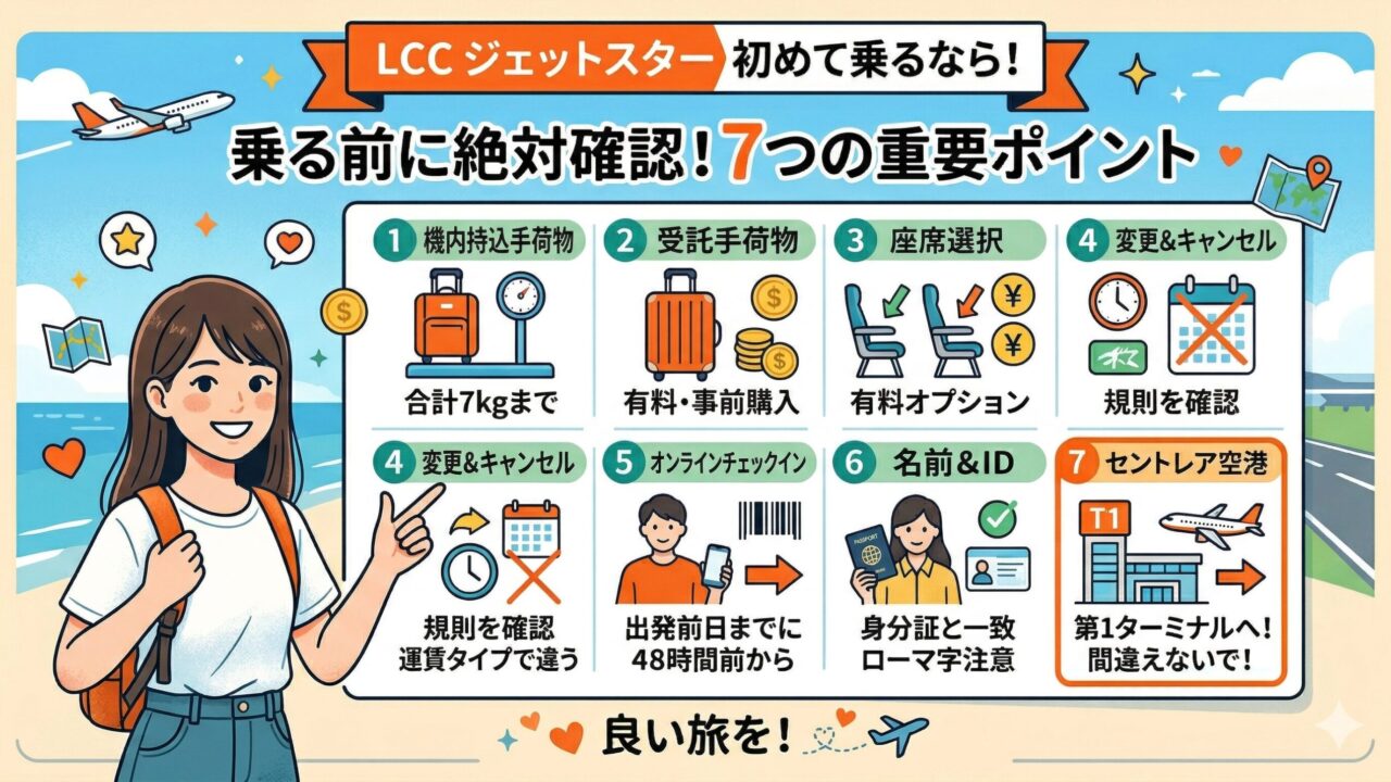 ジェットスターに初めて乗る人向けに、機内持込手荷物・受託手荷物・座席選択・変更とキャンセル・オンラインチェックイン・名前とID・セントレア空港の注意点をまとめたアイキャッチ画像