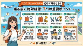 ジェットスターに初めて乗る人向けに、機内持込手荷物・受託手荷物・座席選択・変更とキャンセル・オンラインチェックイン・名前とID・セントレア空港の注意点をまとめたアイキャッチ画像
