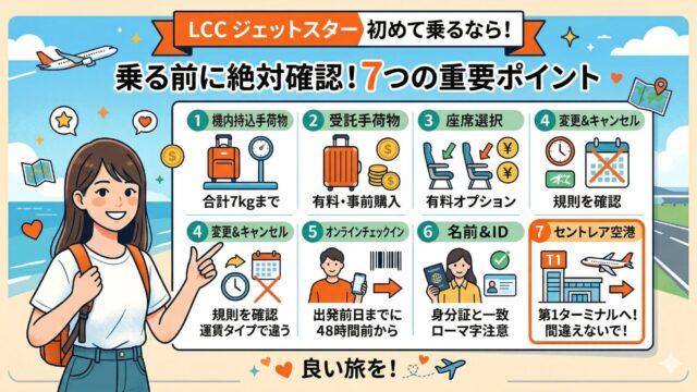 ジェットスターに初めて乗る人向けに、機内持込手荷物・受託手荷物・座席選択・変更とキャンセル・オンラインチェックイン・名前とID・セントレア空港の注意点をまとめたアイキャッチ画像