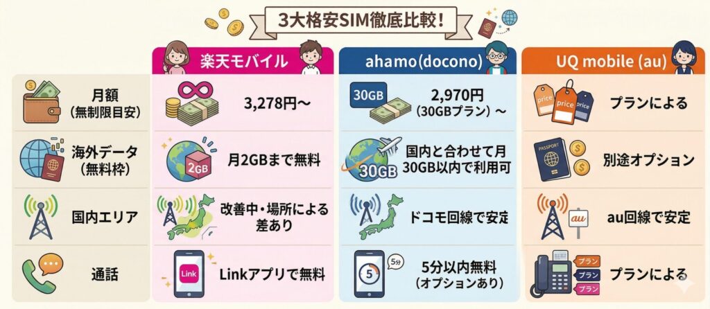 楽天モバイル・ahamo・UQ mobileの料金や海外利用を比較した図解
