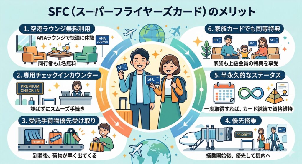 SFC(スーパーフライヤーズカード)のメリットを、空港ラウンジ・専用チェックイン・優先手荷物受け取り・優先搭乗・半永久的ステータス・家族カード特典の6項目でまとめたイラスト