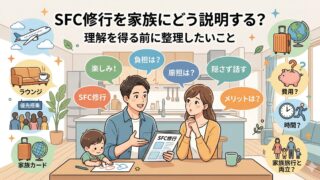 SFC修行を家族にどう説明するかをテーマに、夫婦が自宅で話し合う様子を描いたアイキャッチ画像