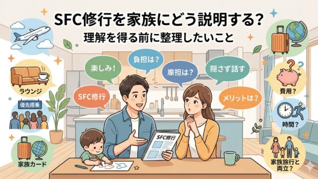 SFC修行を家族にどう説明するかをテーマに、夫婦が自宅で話し合う様子を描いたアイキャッチ画像