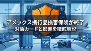 アメックス携行品損害保険が終了｜対象カードと影響を徹底解説　空港ラウンジにスーツケースやカメラが並び、ひび割れた盾のアイコンが保険終了を表すイラスト