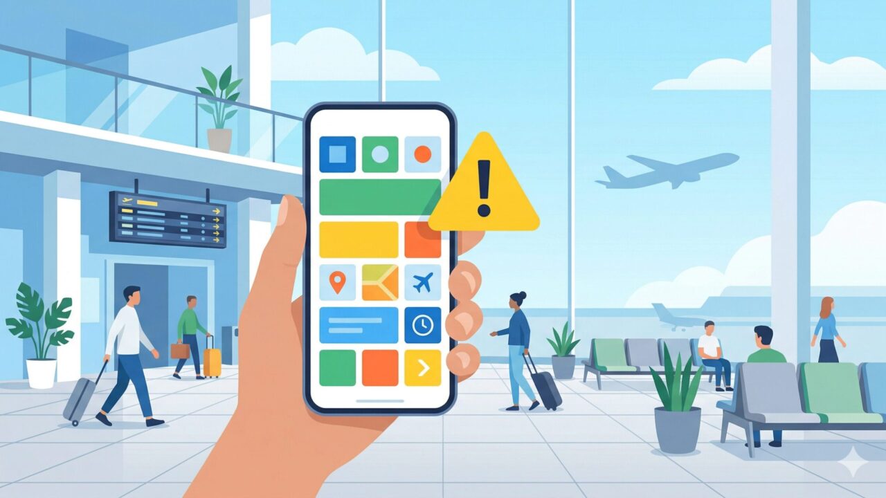 ANAコードシェア便のオンラインチェックイン変更をイメージした空港とスマートフォンのイラスト