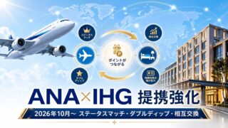 ANAとIHGの提携強化を示すイメージ図。2026年10月開始のステータスマッチ・ダブルディップ・ポイント相互交換の3つの新サービスを表現