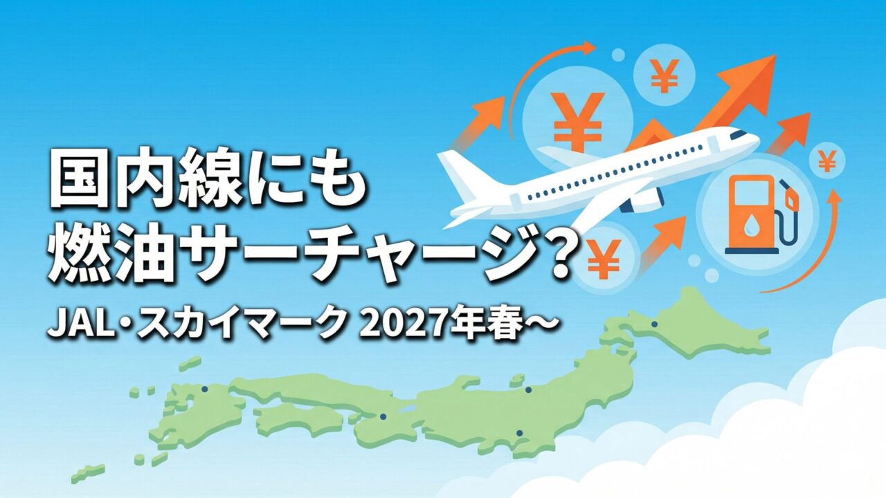 国内線にも燃油サーチャージ導入？JAL・スカイマークが2027年春から検討中。飛行機と日本列島、燃油価格上昇を示すイラスト