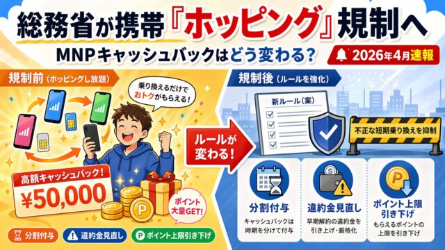 総務省が2026年4月に示したホッピング規制の論点案を解説するイラスト。左側で特典を受け取りながら短期乗り換えを繰り返すユーザーと、右側で規制によって分割付与・違約金引き上げ・ポイント上限引き下げが導入される様子を対比