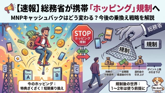 総務省が2026年4月に示したホッピング規制の論点案を解説するイラスト。左側で特典を受け取りながら短期乗り換えを繰り返すユーザーと、右側で規制によって分割付与・違約金引き上げ・ポイント上限引き下げが導入される様子を対比