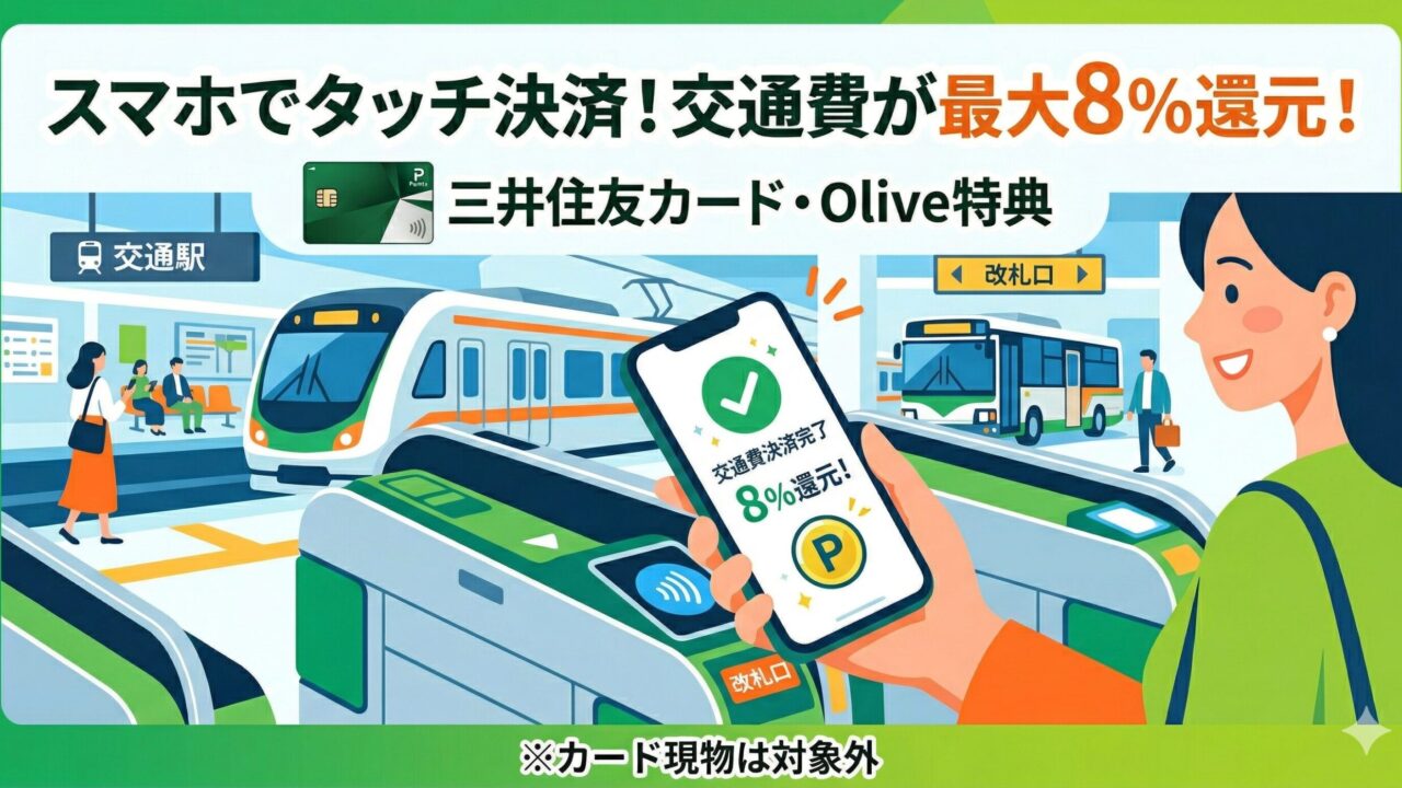 三井住友カードとOliveのスマホタッチ決済で交通費が最大8％還元されることを紹介するアイキャッチ画像