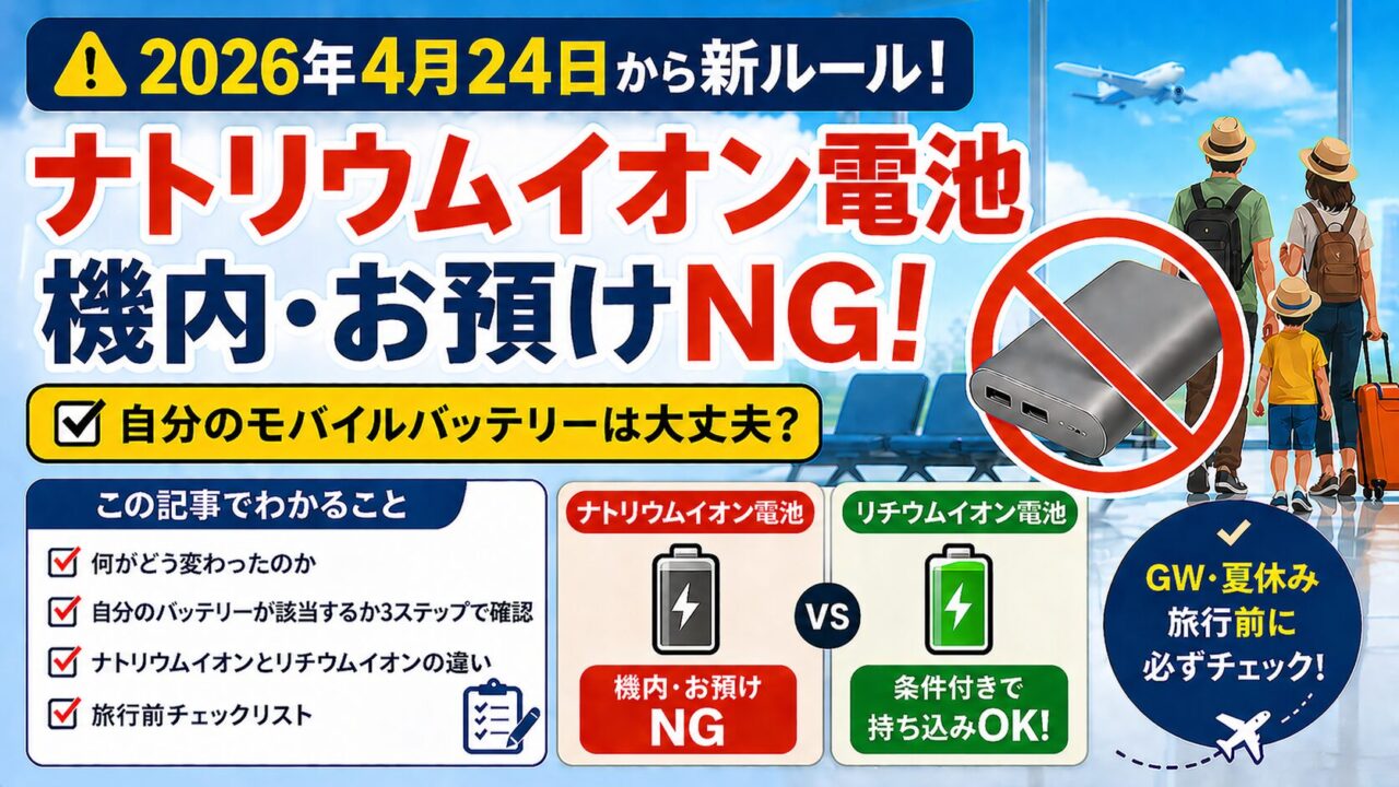 2026年4月24日からナトリウムイオン電池搭載モバイルバッテリーが機内持ち込み・お預けともにNGになることを示すアイキャッチ画像