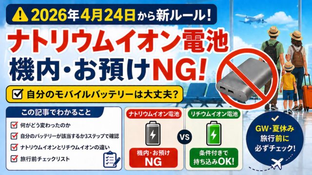2026年4月24日からナトリウムイオン電池搭載モバイルバッテリーが機内持ち込み・お預けともにNGになることを示すアイキャッチ画像