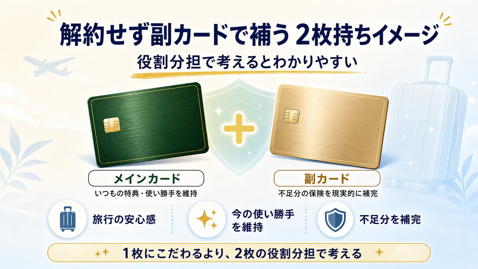 解約せず副カードで補う2枚持ちイメージ。メインカードと副カードの役割分担で考える
