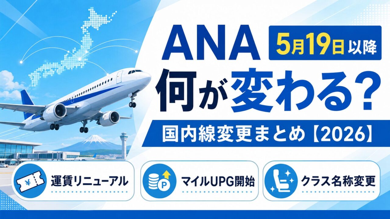 ANA国内線が2026年5月19日以降に変わる3つのポイント：運賃リニューアル、マイルアップグレード開始、クラス名称変更を示すアイキャッチ