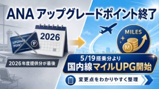 ANA アップグレードポイントは2026年度提供分で終了。2026年5月19日から国内線マイルアップグレード開始、変更点を整理することを示すアイキャッチ