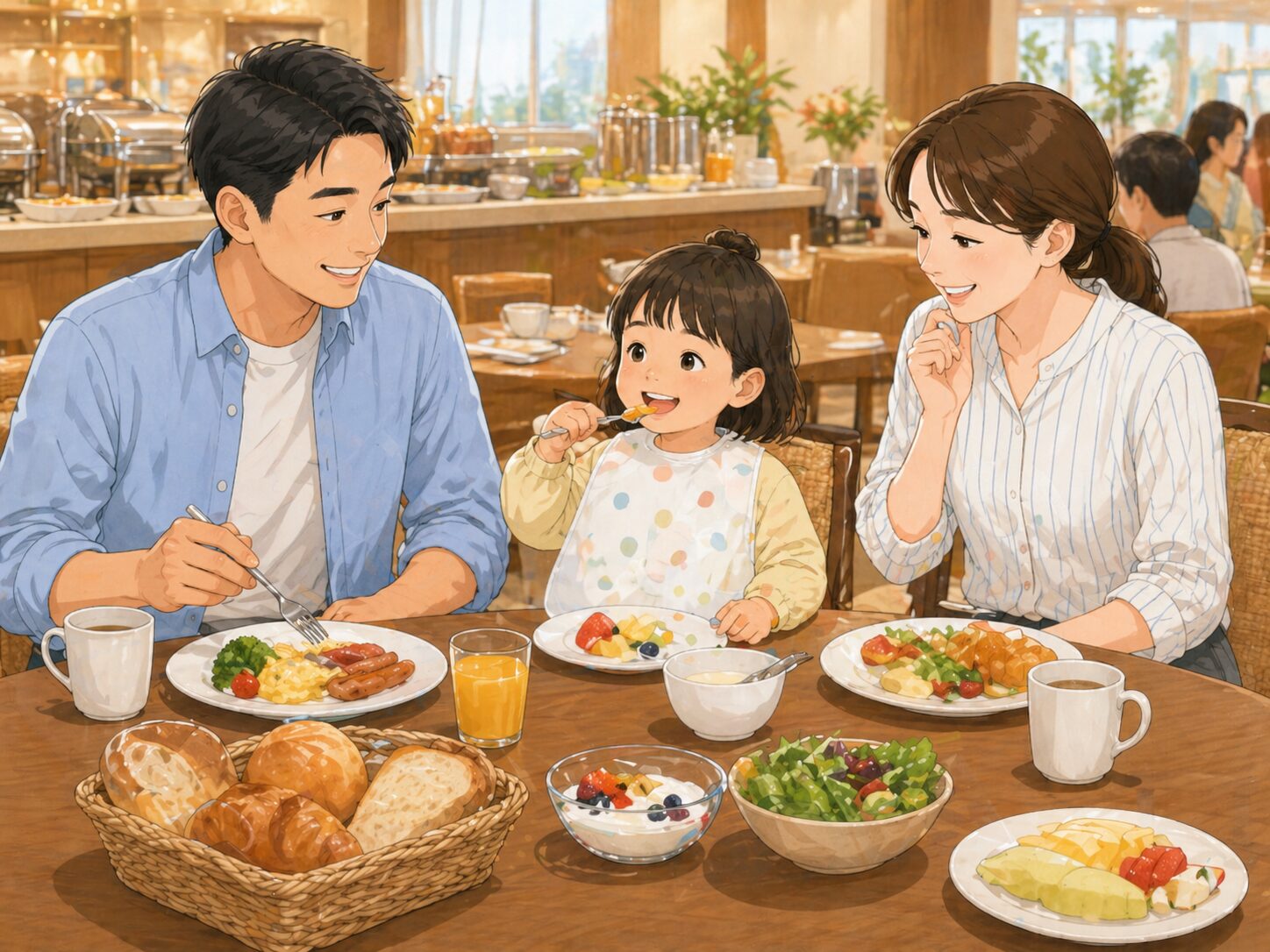 ホテル朝食ビュッフェで使い捨てエプロンを着けて食事を楽しむ子どもと家族