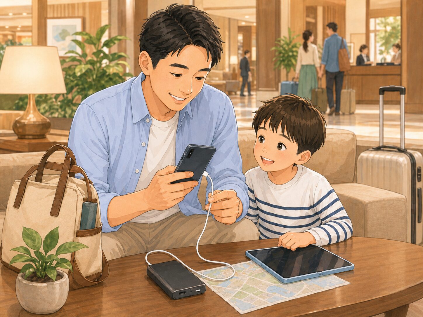 モバイルバッテリーでスマホとタブレットを充電する家族旅行中の親子（ホテルロビー）