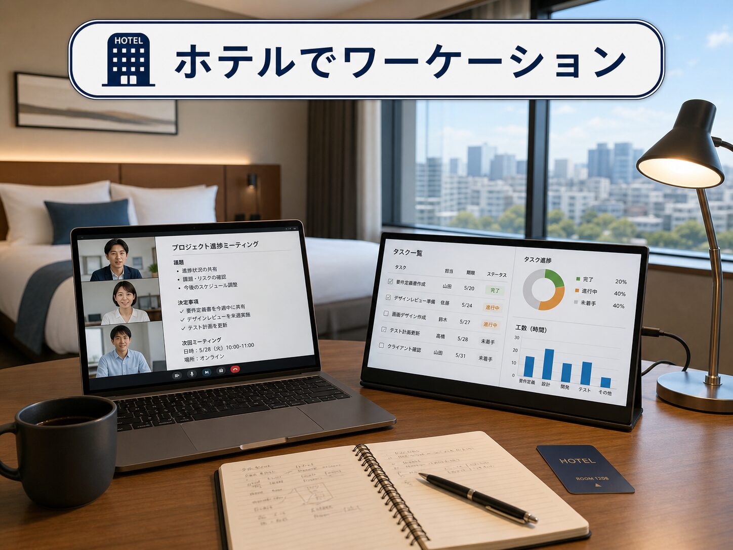 ホテルでモバイルモニターを使ったワーケーション